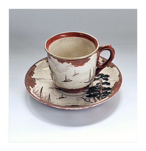 Antique Japanese Hand Painted Kutani Aka-e Decorative Meiji Porcelain Cup and Saucer