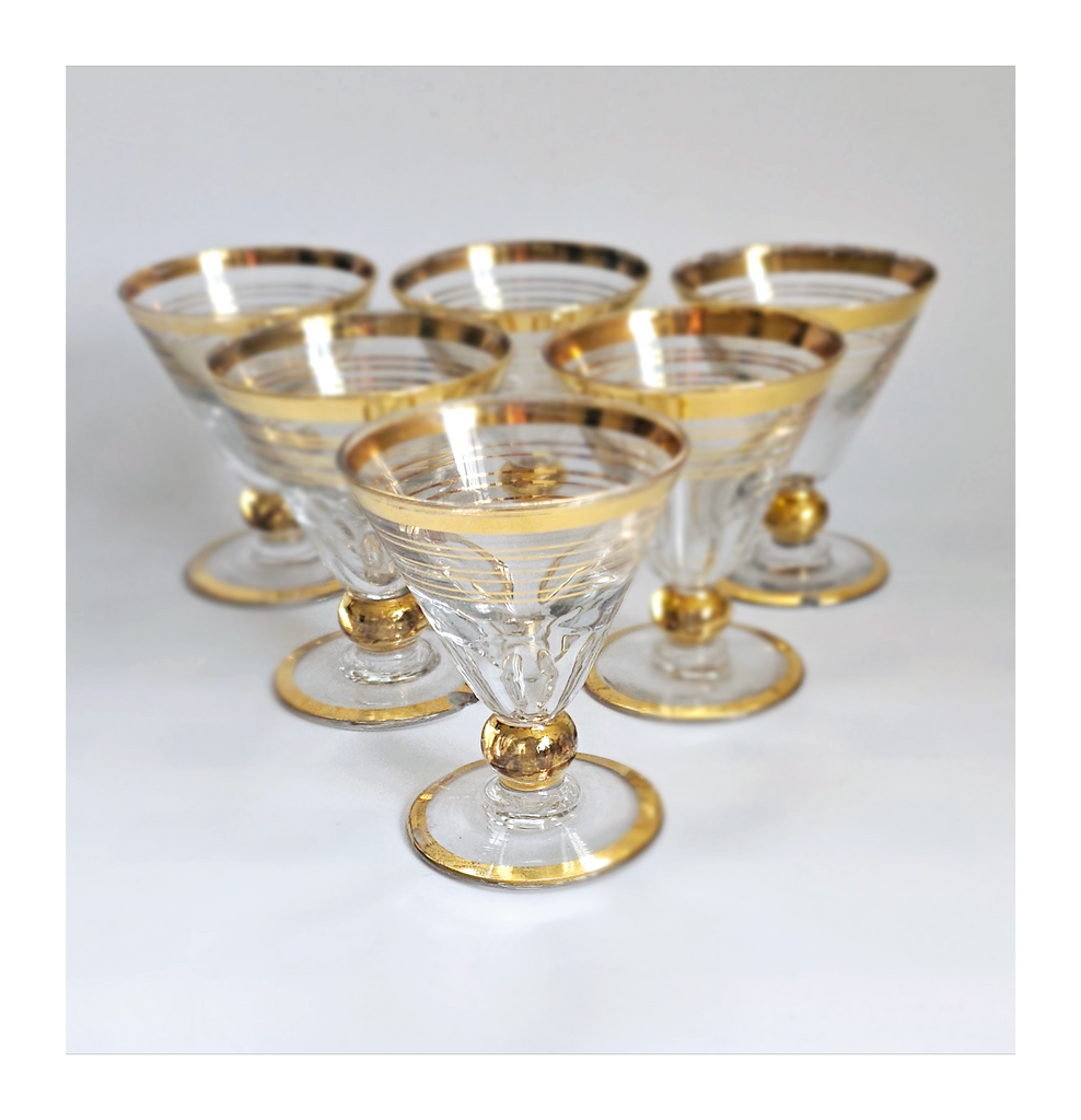 Vintage 1930's Art Deco set of 6 Red Wine Glasses with Gold Bands on Stem, Rank and Foot