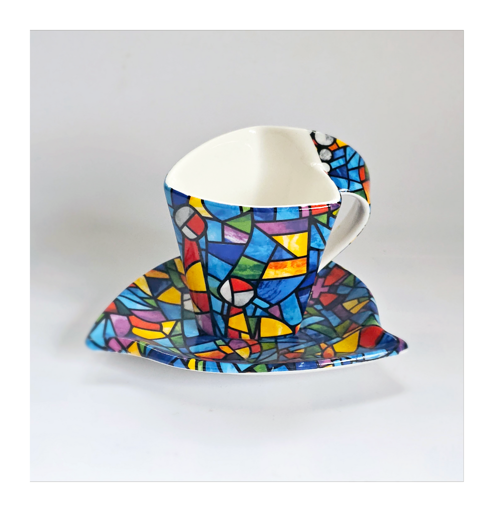 Beautiful Vintage Art Trencadis S.L. Barcelona Glazed Ceramic Gaudi Mosaic pattern Cup and Saucer