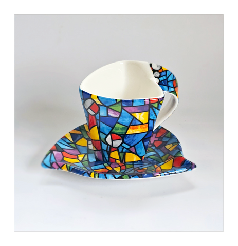 Beautiful Vintage Art Trencadis S.L. Barcelona Glazed Ceramic Gaudi Mosaic pattern Cup and Saucer