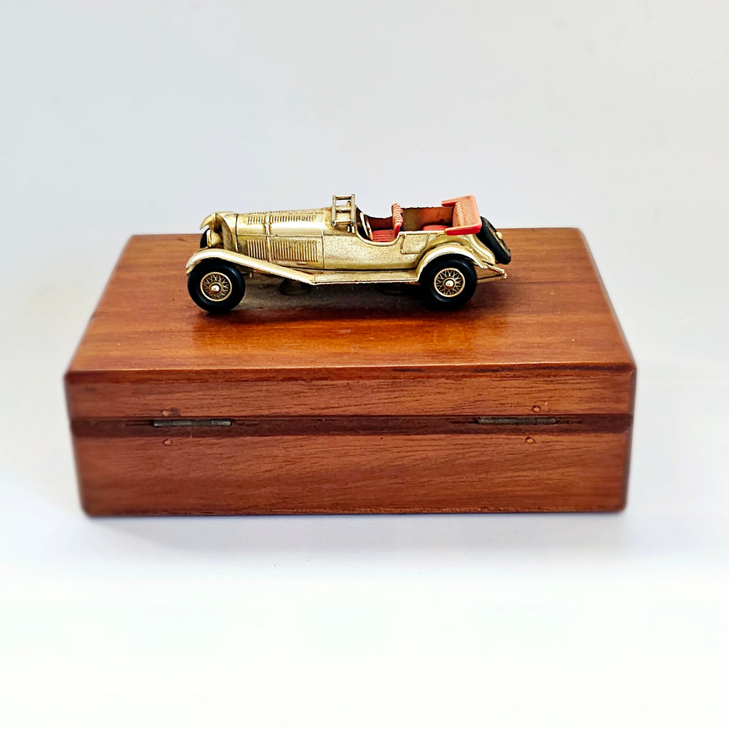 Rare Vintage Lesney 1928 Mercedes Benz Model Car Mounted on Wooden Cigarette Box