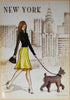 Contemporary rare original signed framed print by Andrea Laliberte of a fashionable lady walking her dog with a New York backdrop