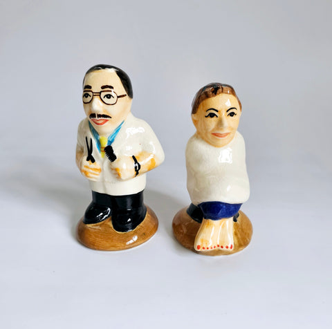 Rare Vintage Majolica Ceramic Barber and his Customer Salt and Pepper Shaker Set