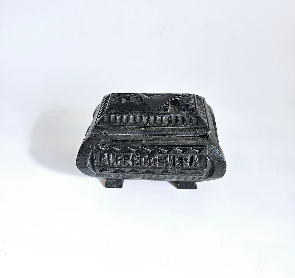 Rare Vintage 1950's Alfredo Vera Carved Black Clay (Barro Negro) Miniature Trinket Box - Mexican Folk Art