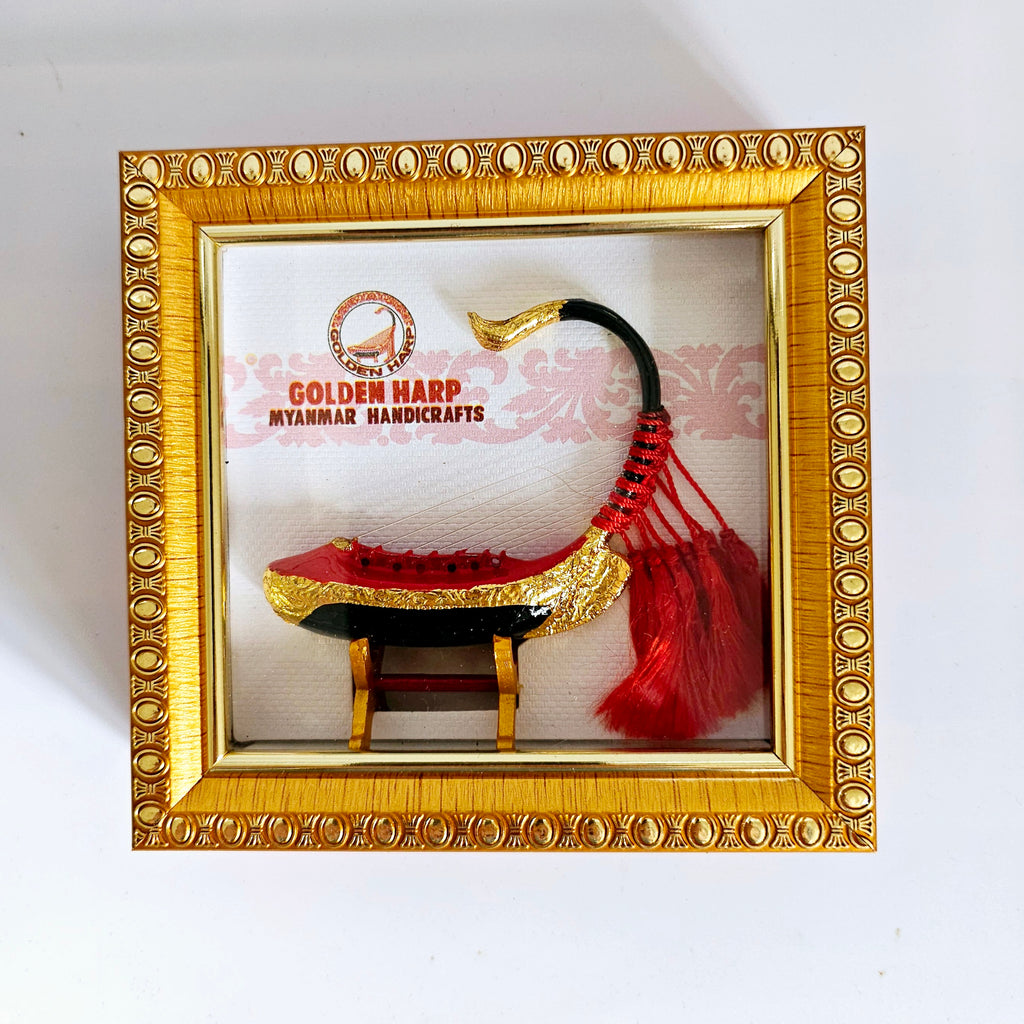 Framed Miniature Replica of Traditional Burmese Arched Golden Harp called a "Saung" from Myanmar