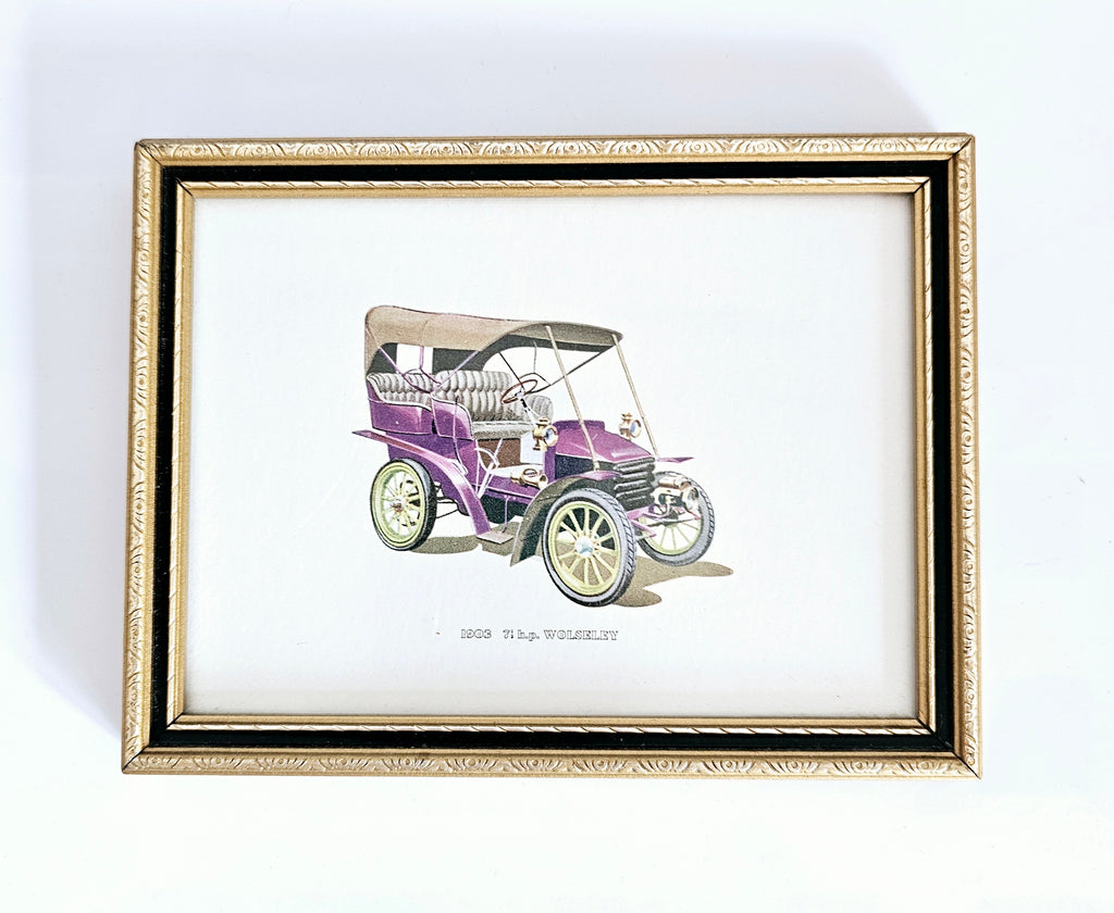 Rare Vintage 1960's Framed Colour Lithograph Print of 1903 Wolseley 71/2-hp Automobile