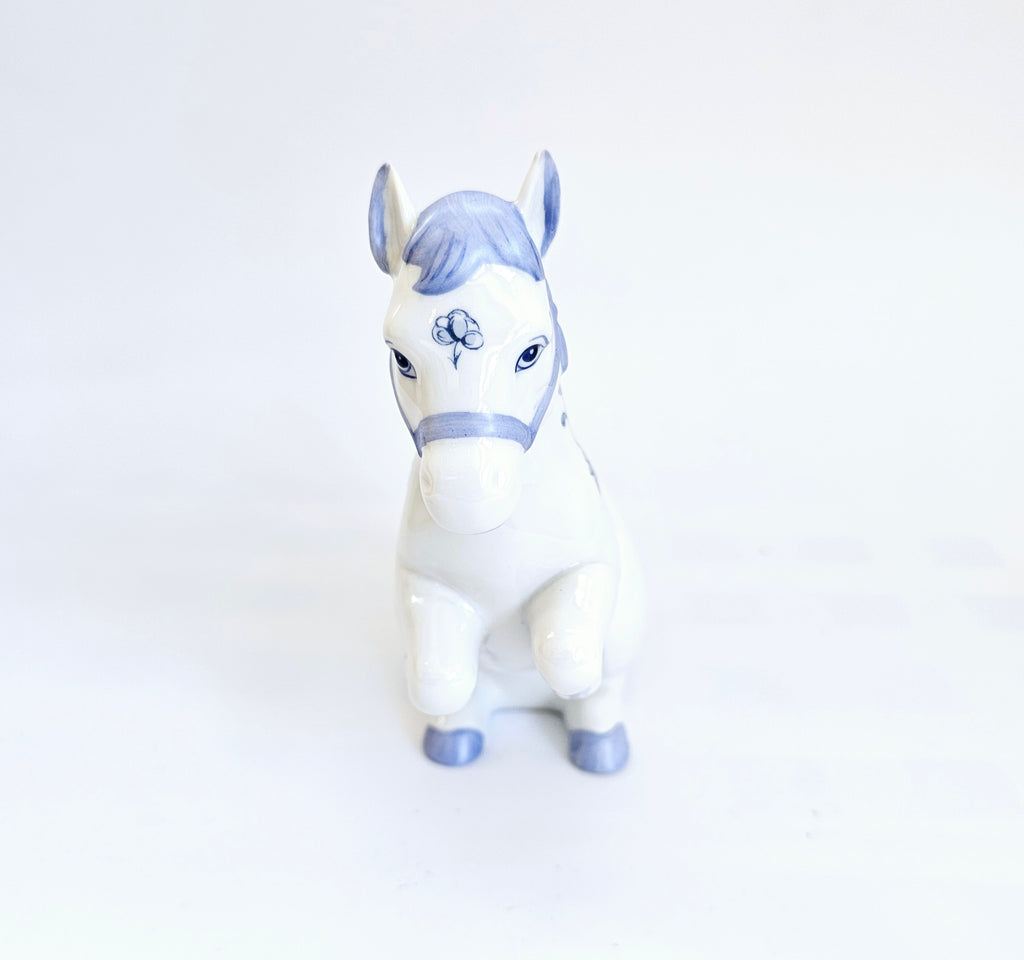 Vintage 1980's Franklin Mint Country Friends by Hallie Greer Ceramic Horse Creamer / Milk Jug in Delft Blue and White Style