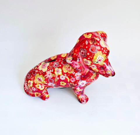 Pomme Pidou Frankie the Dachshund Glazed Ceramic Novelty Dog Bank / Money Box i/ Figurine in Red with Floral Pattern