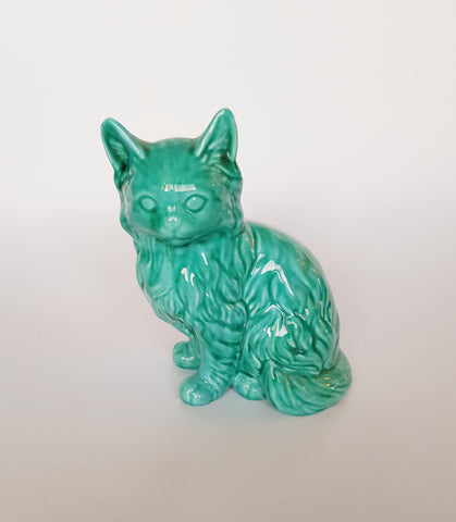 Vintage 1970's Kitsch Anglia Glazed Ceramic Studio Art Pottery Turquoise Cat Figurine / Statue