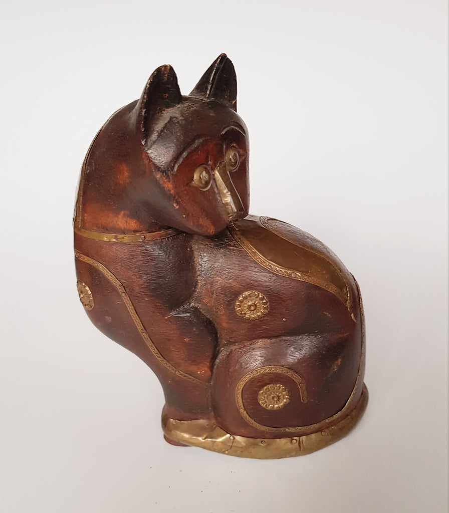 Vintage Hand Carved Wood & Brass Cat Statue from Jaipur, India