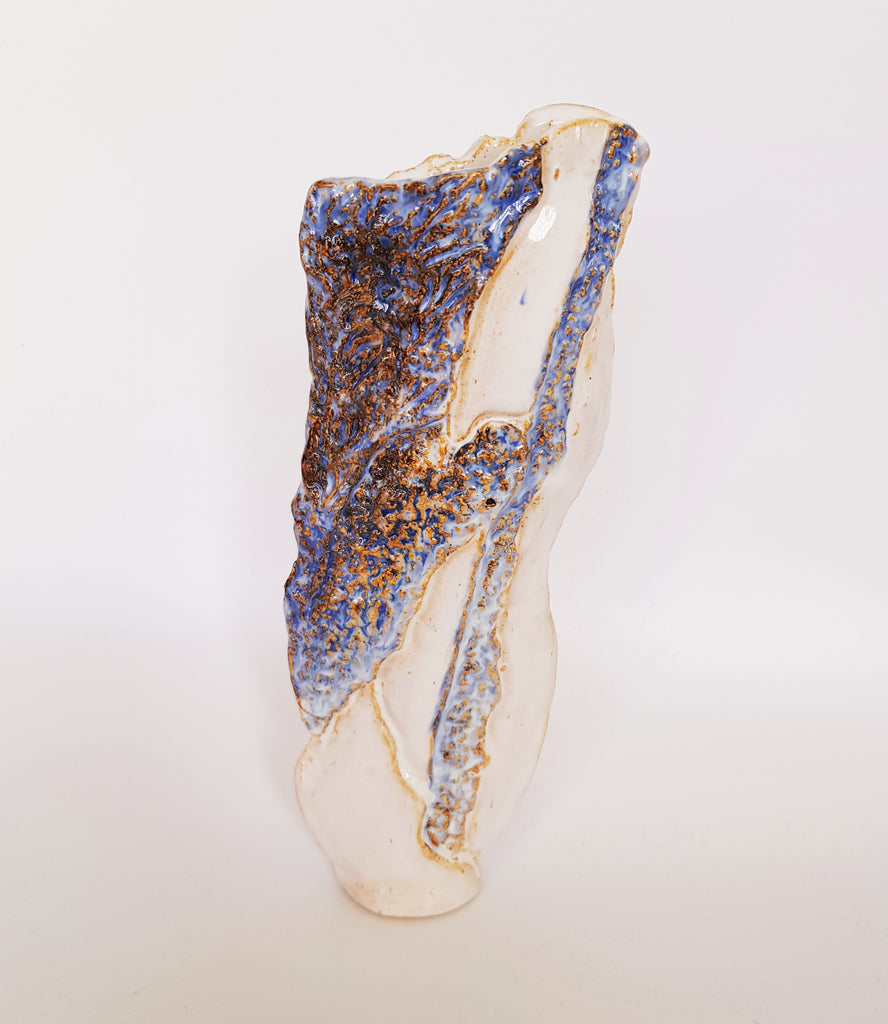 A Beautiful Contemporary Design Studio Art Pottery Sculpted Glazed Ceramic Vase with Raised Pattern Signed by the Artist as "R"