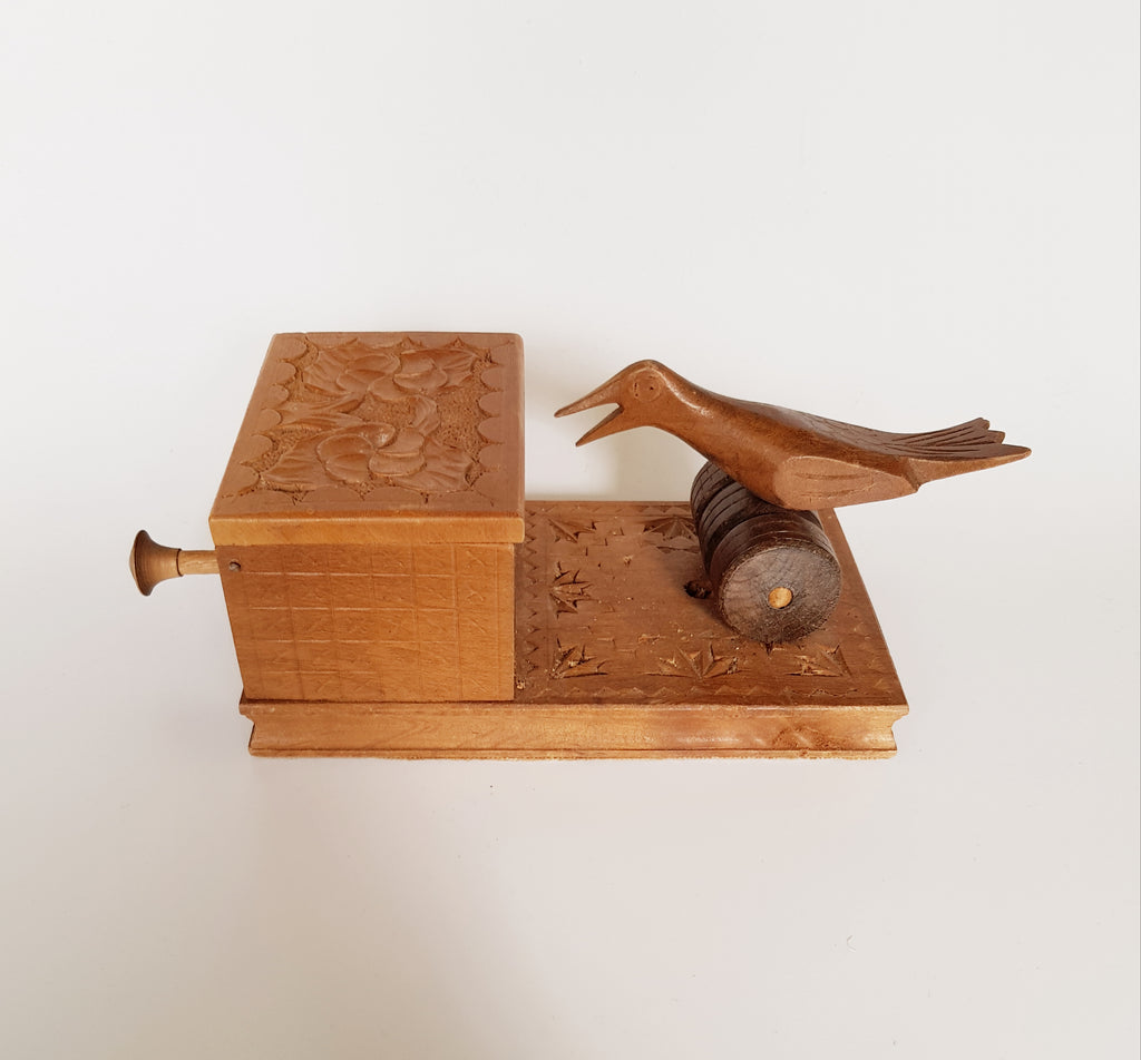 Rare Vintage Wooden Novelty Cigarette Box / Dispenser with a bird mechanism that Collects a Cigarette from the Box - Germany, Hand Made 1960's