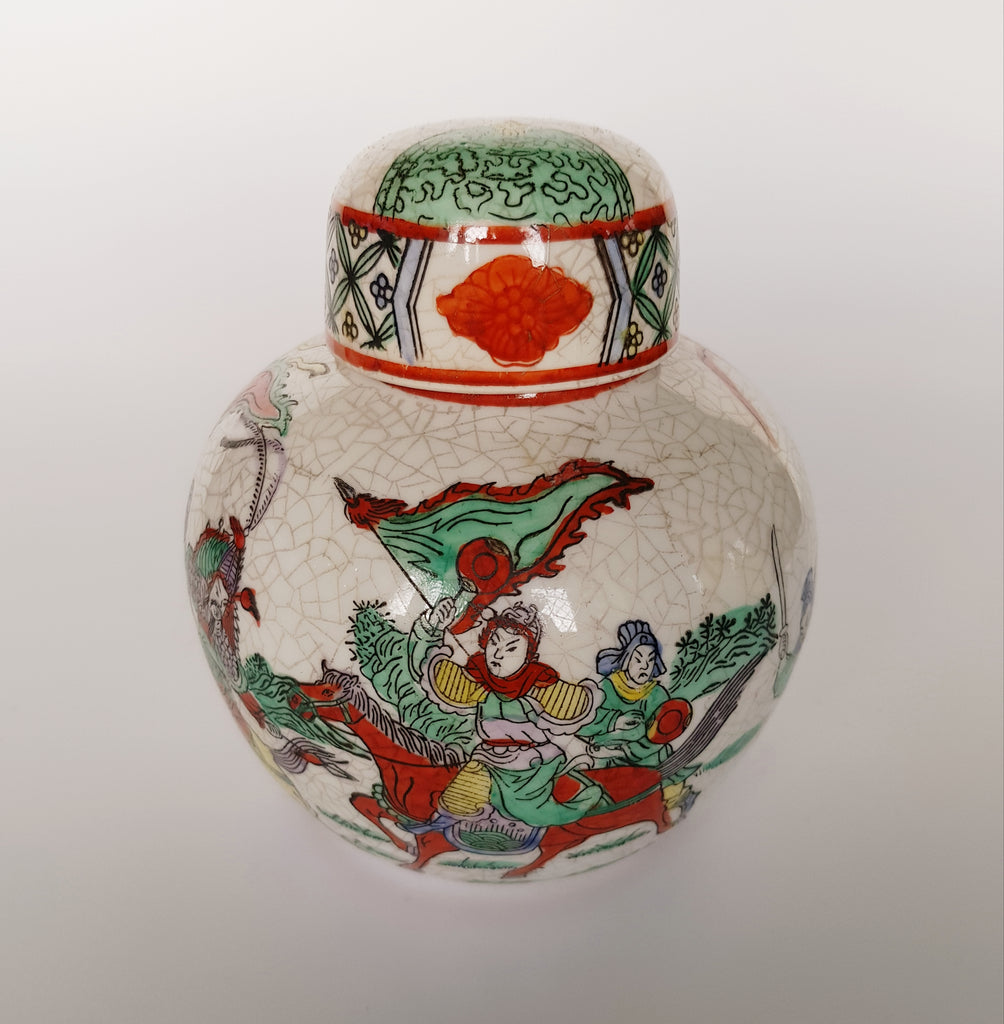 Antique Early 20th Century Chinese Famille Verte Crackle Finish Lidded Ginger Jar Painted with Warriors in the Battleground