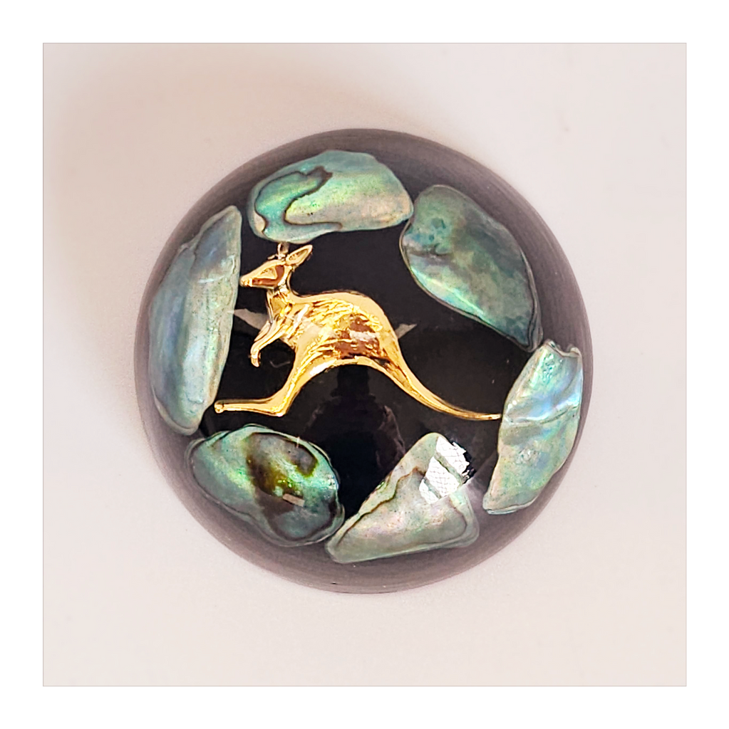 Vintage Genuine Paua Shell Paperweight Embossed with a Golden Kangaroo Made by Ariki New Zealand