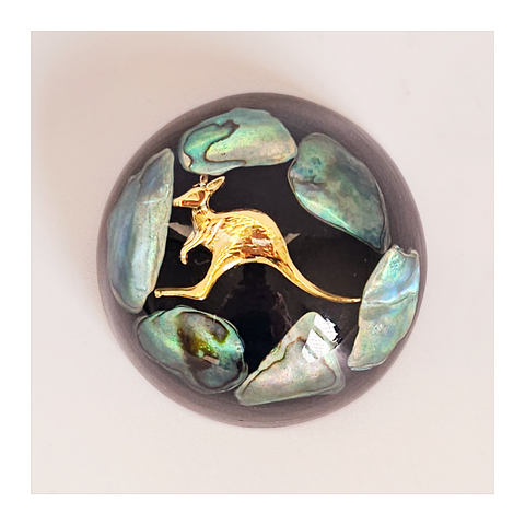 Vintage Genuine Paua Shell Paperweight Embossed with a Golden Kangaroo Made by Ariki New Zealand