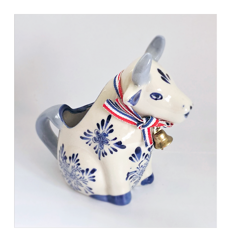 Vintage Dutch Delft Blue Hand Painted Ceramic Sitting Cow Creamer with Ribbon and Cow Bell