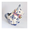 Vintage Dutch Delft Blue Hand Painted Ceramic Sitting Cow Creamer with Ribbon and Cow Bell