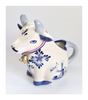 Vintage Dutch Delft Blue Hand Painted Ceramic Sitting Cow Creamer with Ribbon and Cow Bell