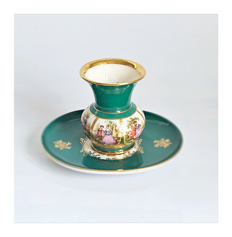 2 Vintage J.K.W. Decor Carlsbad Bavaria Foreign Millson Fragonard Rococo Courting Couple Trinket Dish and Miniature Vase