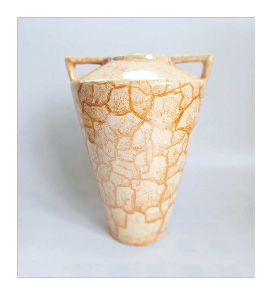 Unique Contemporary Art Deco Style Studio Pottery Porcelain Vase / Jar with Geometric Shaped Handles