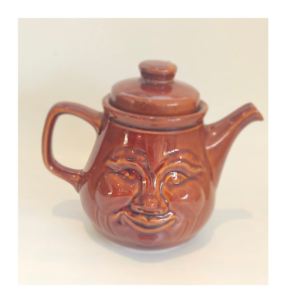 Vintage 1980's Brown Glazed Ceramic Novelty Teapot with Happy / Smiley Face