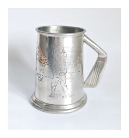 Rare Vintage English Pewter Beer Stein / Mug Engraved with Golf Scene and has a Golf Club Handle
