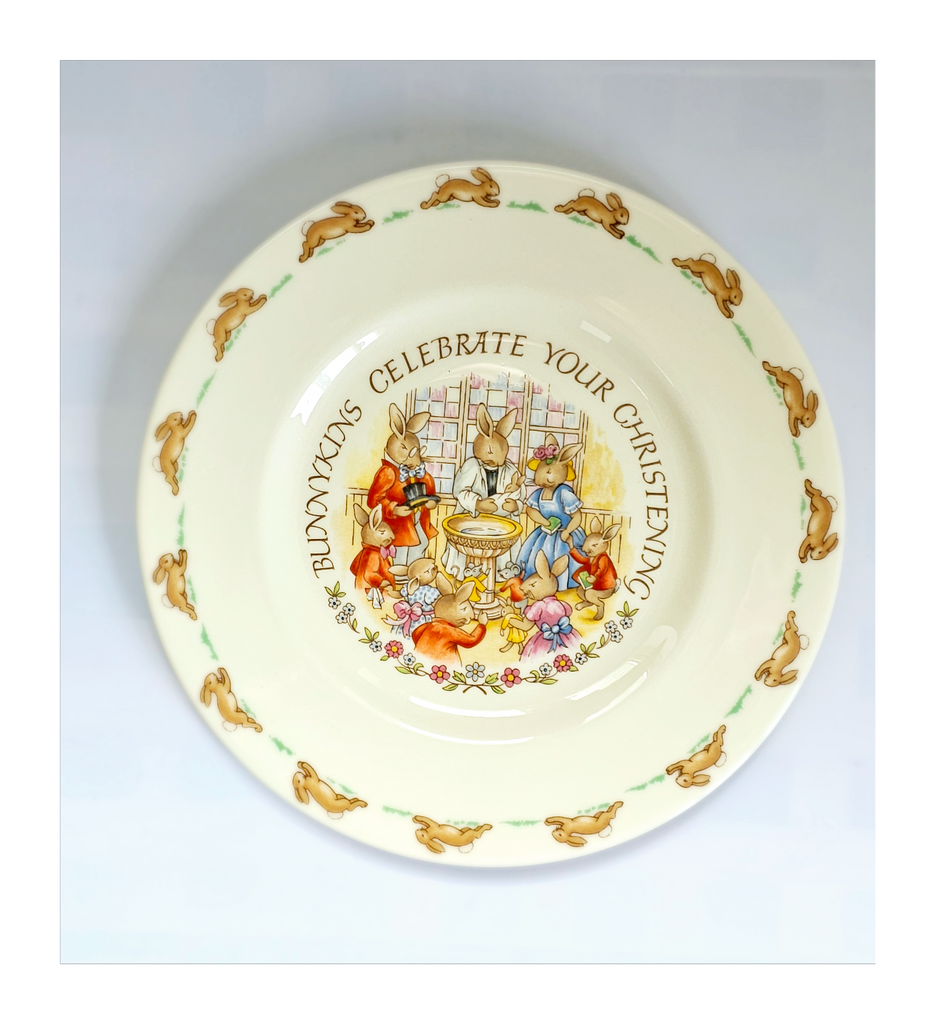 A vintage 1960's Royal Doulton Bunnykins Fine Bone China Baby Plate "Bunnies Attending Christening Ceremony" Christening Present