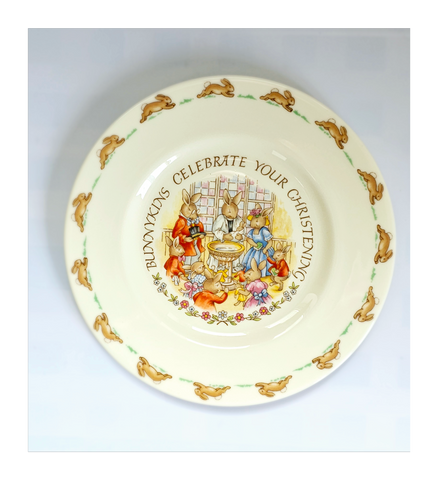 A vintage 1960's Royal Doulton Bunnykins Fine Bone China Baby Plate "Bunnies Attending Christening Ceremony" Christening Present