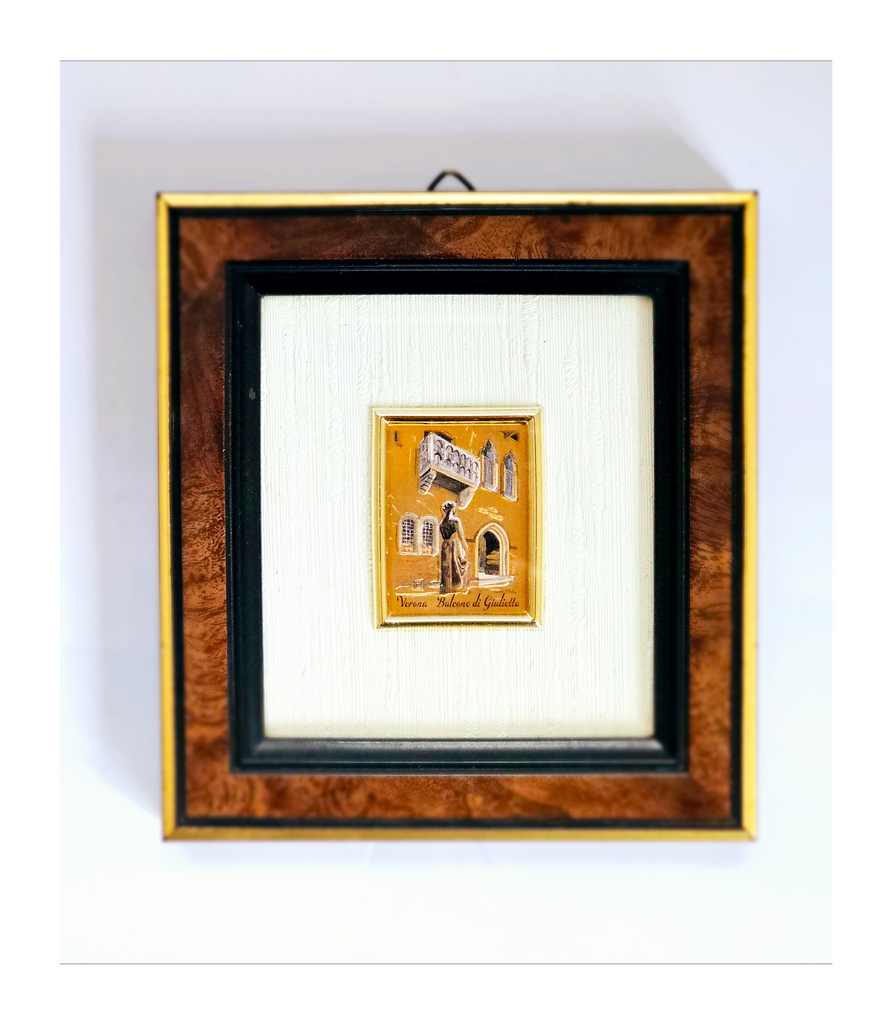 Vintage Framed Engraved Metal Art - Lamina Argento 925% Sterling Silver Plated Italian Lithograph - Verona Balcone di Giulietta