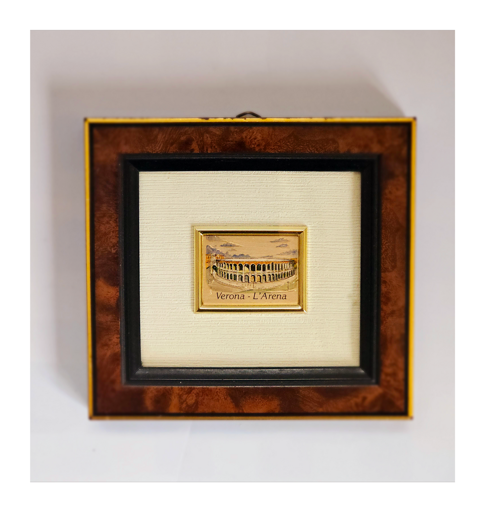 Vintage Framed Engraved Metal Wall Art - Lamina Argento 925% Sterling Silver Plated Italian Lithograph - Verona L'Arena