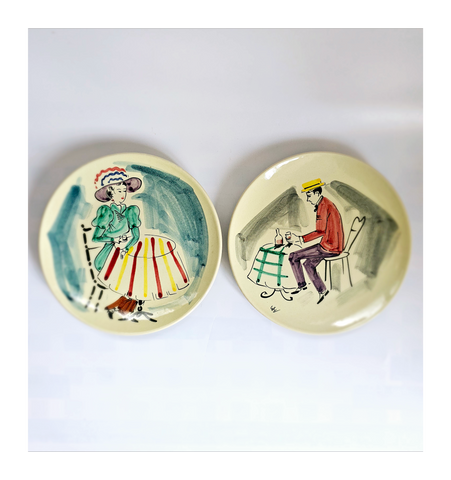 Rare Vintage 1960's Pair of Italian Studio Pottery Majolica Paris 1910 Cafe Scenes Decorative Plates Signed by the Artist