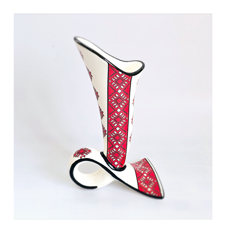 Rare Vintage Ukranian Studio Art Folk Art Ceramic Vase in White, Red and Black