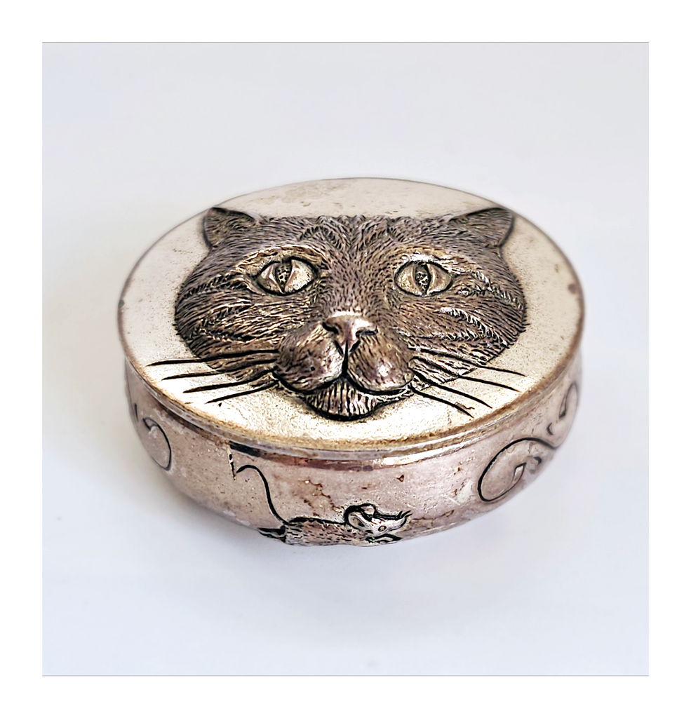 Rare Vintage Pewter Pill Box / Trinket Box Embossed with Cat Face on the Lid and Running Mice on the Outside Rim