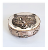 Rare Vintage Pewter Pill Box / Trinket Box Embossed with Cat Face on the Lid and Running Mice on the Outside Rim