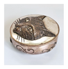 Rare Vintage Pewter Pill Box / Trinket Box Embossed with Cat Face on the Lid and Running Mice on the Outside Rim