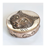 Rare Vintage Pewter Pill Box / Trinket Box Embossed with Cat Face on the Lid and Running Mice on the Outside Rim