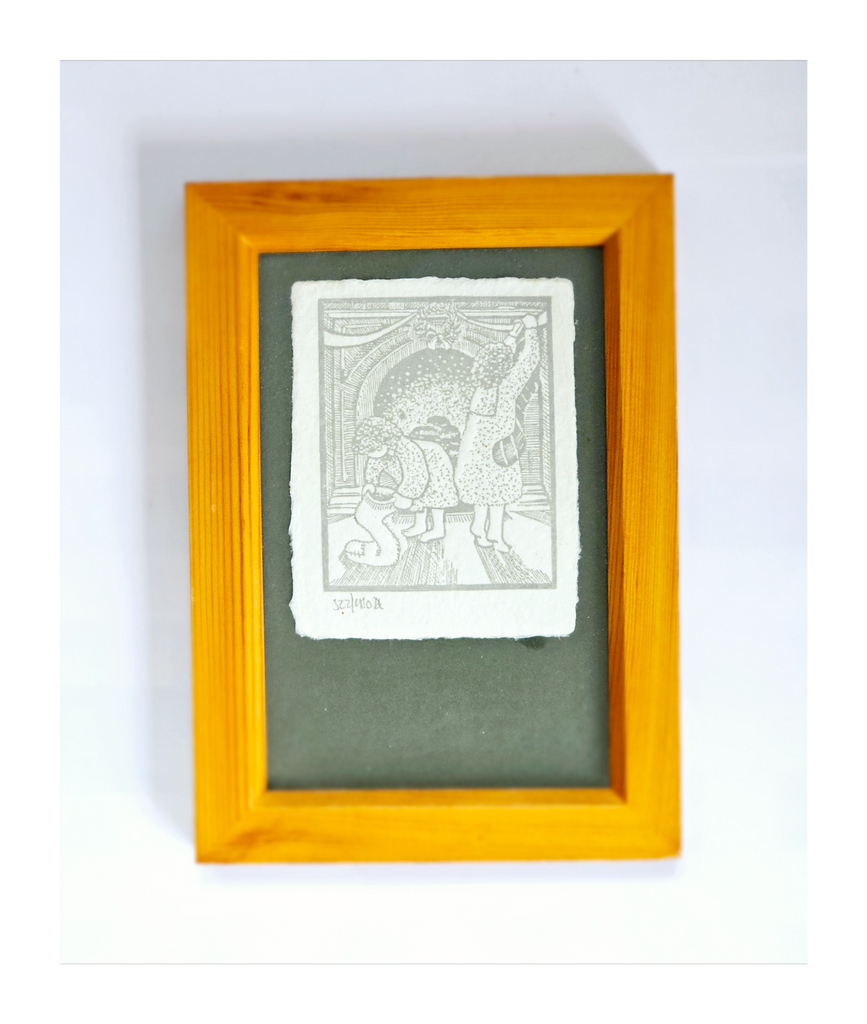 Rare Vintage Limited Edition Hand Printed / Finished print on Handmade Paper of two girls hanging Christmas Stockings on the Mantlepiece, Signed by the Artist