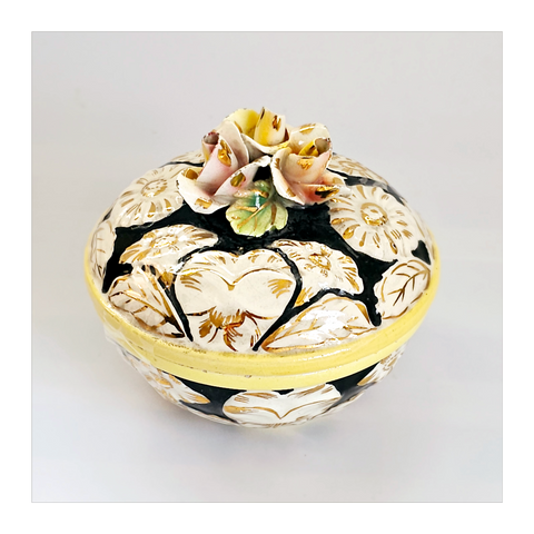 Rare Vintage Italian Hand Painted Majolica Floral Embossed Lidded Sweet Bowl / Jewellery Box