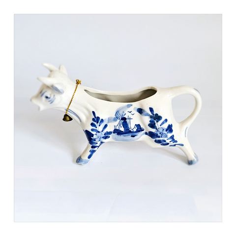 Vintage 1960's Dutch Delft Blue Hand Painted Ceramic Cow Creamer with Cow Bell
