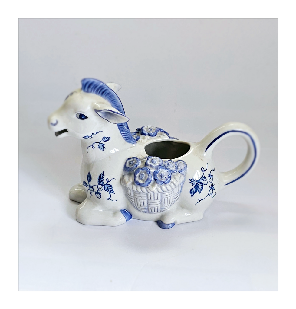 Vintage 1980's Franklin Mint Country Friends by Hallie Greer Ceramic Donkey Creamer / Milk Jug in Delft Blue Style