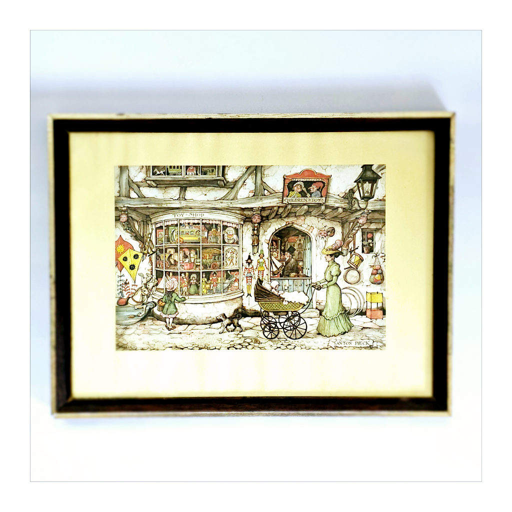 Vintage 1970's "The Toy Shop" by Anton Pieck, Wood Framed Reproduction Printed in Holland