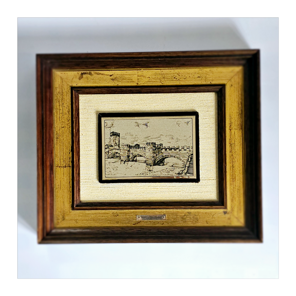 Rare Vintage 1950's Italian Silver 800 Engraving Art Plaque / Wall Art of "Verona Ponte Scaligero"