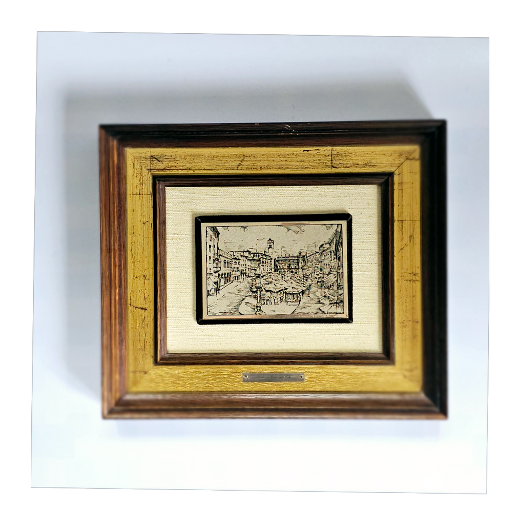 Rare Vintage 1950's Italian Silver 800 Engraving Art Plaque / Wall Art of "Verona Piazza Delle Erbe"