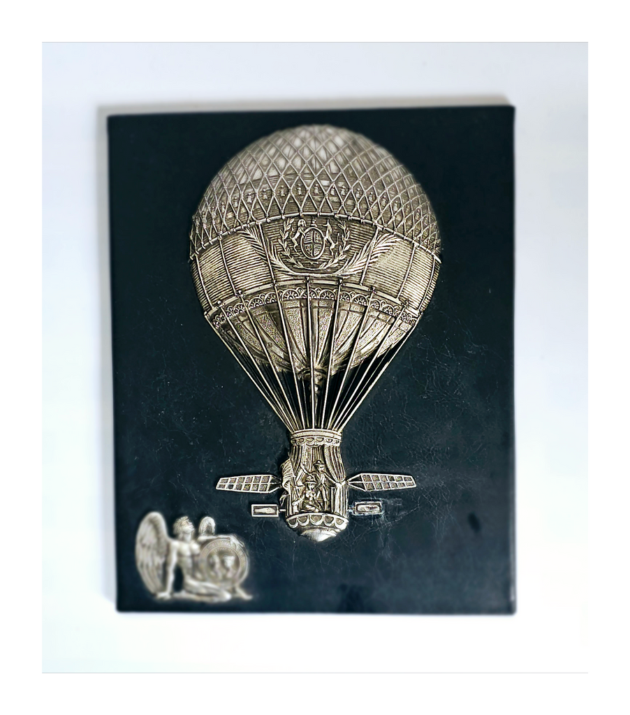 Vintage Leather and White Metal Spanish Wall Plaque "Primera Inglesa Que Ascendio En Globo, Londers 1785, Letitia Sage"