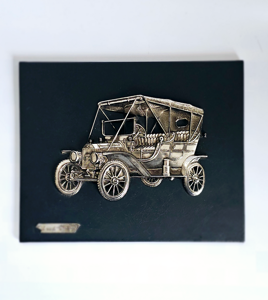 Vintage Leather and White Metal Spanish Wall Plaque "Ford Mod. "t" 1908"