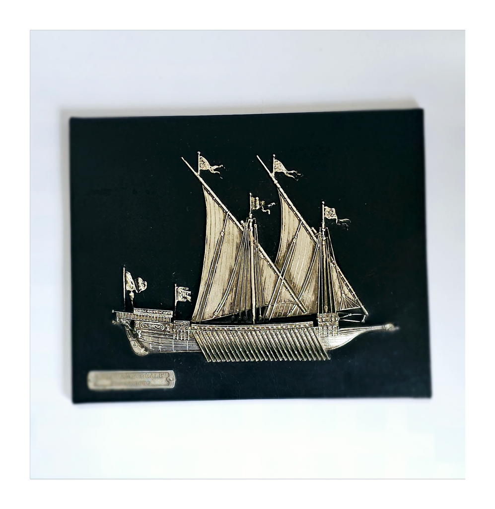 Vintage Leather and White Metal Spanish Wall Plaque "Galera La Reale, Francia 1680"