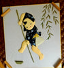 Japanese Origami Washi 3D Art Boy Fishing Mounted on Fan Shape Frame
