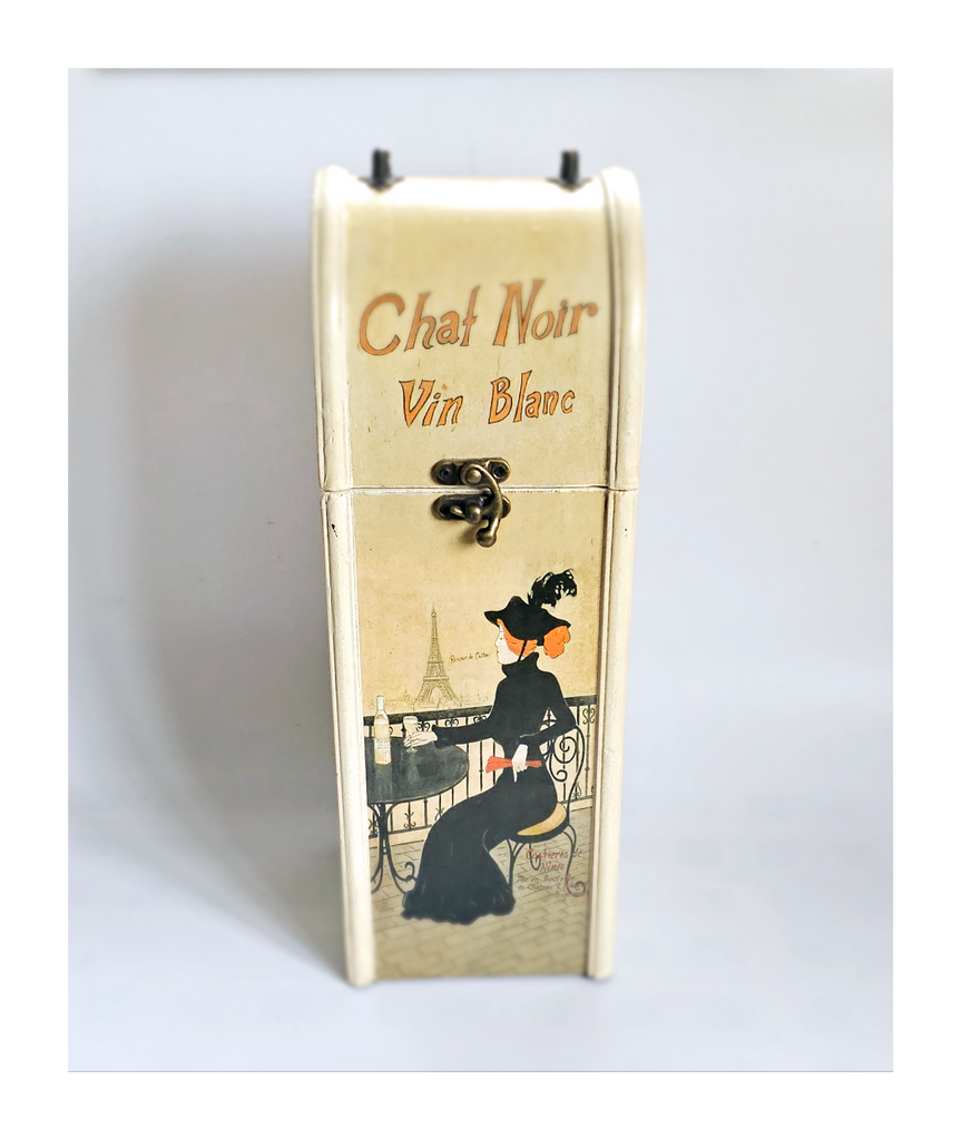 Antique 1910's Chat Noir Vin Blanc Hinged-Top Wooden Wine Box