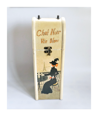 Antique 1910's Chat Noir Vin Blanc Hinged-Top Wooden Wine Box