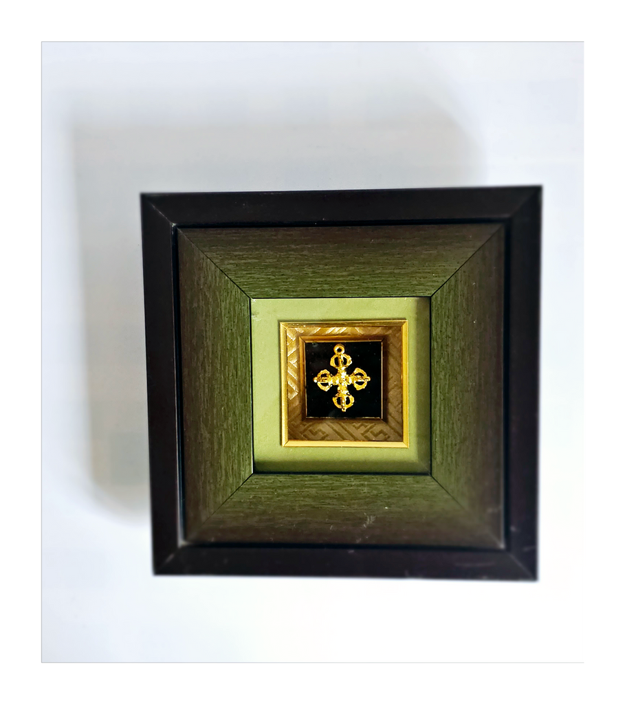 Buddhist Double Dorje Varja Spiritual Power Gold Plated Pendant in a Beautiful Wooden Frame